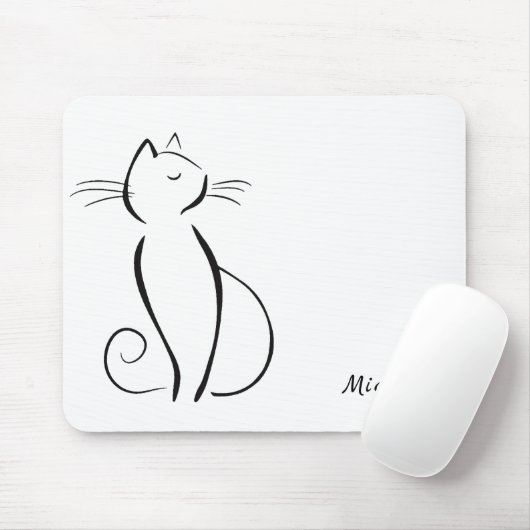 Minimale zwarte kat op witte add-naam muismat (Met muis)