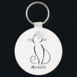 Minimale zwarte kat op witte add-naam sleutelhanger<br><div class="desc">Minimale zwarte kat op een witte achtergrond sleutelhanger. Pas deze elegante sleutelhanger aan met jouw naam.</div>