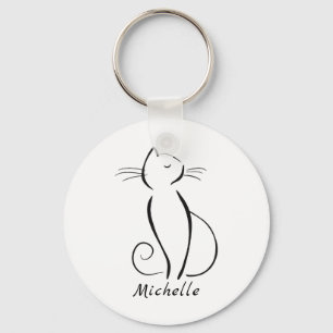 Minimale zwarte kat op witte add-naam sleutelhanger