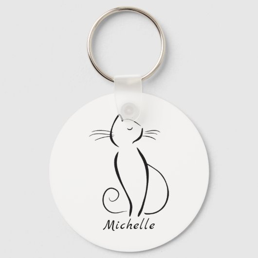 Minimale zwarte kat op witte add-naam sleutelhanger (Voorkant)