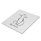Minimale zwarte kat op witte add-naam tegeltje (Zijkant)