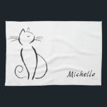 Minimale zwarte kat op witte add-naam theedoek<br><div class="desc">Minimale zwarte kat op een keuken op de witte achtergrond. Pas deze elegante keukenhanddoek aan met jouw naam.</div>