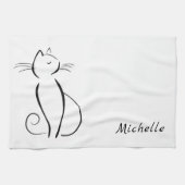 Minimale zwarte kat op witte add-naam theedoek (Horizontaal)