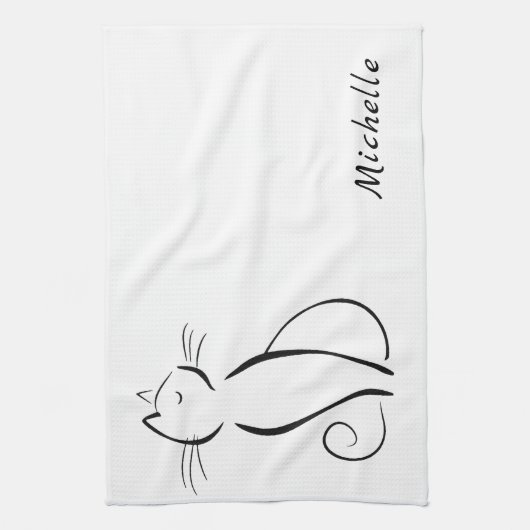 Minimale zwarte kat op witte add-naam theedoek (Verticaal)