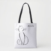 Minimale zwarte kat op witte add-naam tote bag (Voorkant)