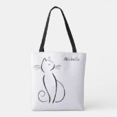 Minimale zwarte kat op witte add-naam tote bag (Achterkant)
