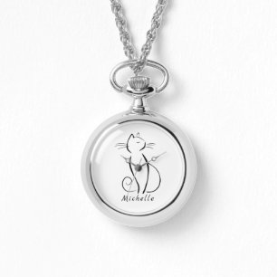 Minimale zwarte kat op witte voeg naam toe horloge