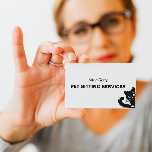 Minimale zwarte kat Peeking Pet Care Service Visitekaartje