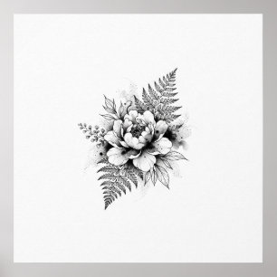 Minimale Zwarte Pioenvaren Botanische Schets Poste Poster