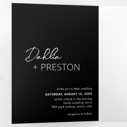 Minimale zwarte QR-code Moderne bruiloft Drieluik Uitnodiging (Binnenzijde eerst)