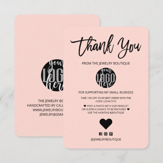 Minimale zwarte roze Logo - Hartelijk dank Bedankkaart (Voorkant / Achterkant)