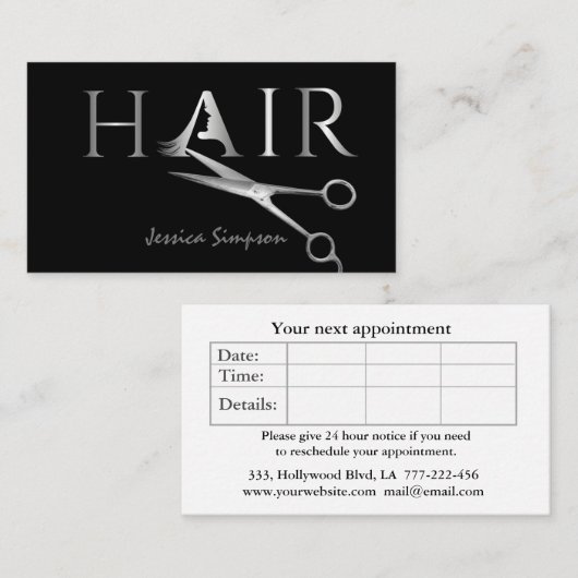 Minimale zwarte schaar HAIR Afsprakenkaartje (Voorkant / Achterkant)