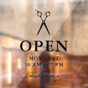 Minimale zwarte schaar Welkome open uren Raamsticker