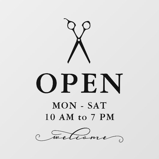 Minimale zwarte schaar Welkomst open uur Raamsticker (Vel)