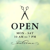 Minimale zwarte schaar Welkomst open uur Raamsticker (Vel 3)