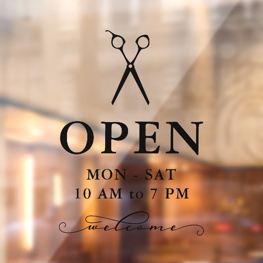 Minimale zwarte schaar Welkomst open uur Raamsticker (Vel 2)