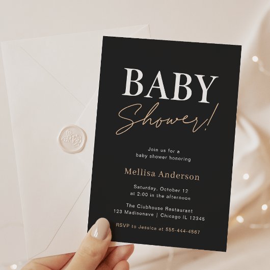 Minimale zwarte uitnodiging voor Baby shower