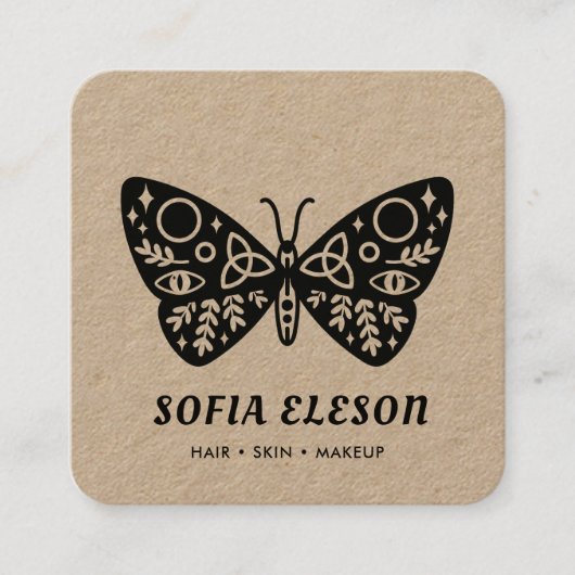 Minimale zwarte vlinder haar & make-up rustieke am vierkante visitekaartje (Voorkant)
