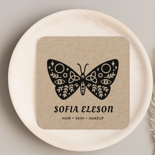 Minimale zwarte vlinder haar & make-up rustieke am vierkante visitekaartje