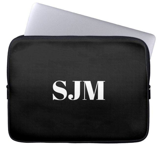 Minimale zwarte witte aangepaste monogram laptop sleeve (Voorkant)