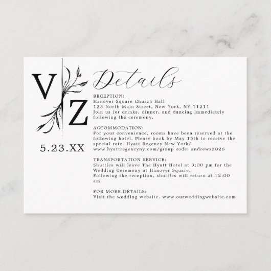 Minimale zwarte witte bladmonogram bruiloft - Gege Informatiekaartje (Voorkant)