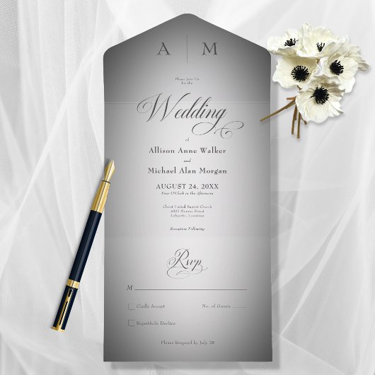 Minimale zwarte & witte blauwdruk Modern No Dinner All In One Uitnodiging