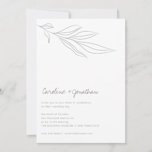 Minimale zwarte witte boho botanische lijn bruilof kaart (Voorkant)