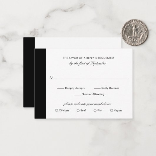 Minimale zwarte witte bruiloft Mini RSVP-kaart Notitiekaartje (Voorkant / Achterkant in situ)