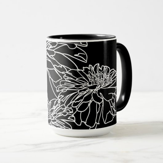 Minimale zwarte witte florale lijntekening mok (Voorkant rechts)