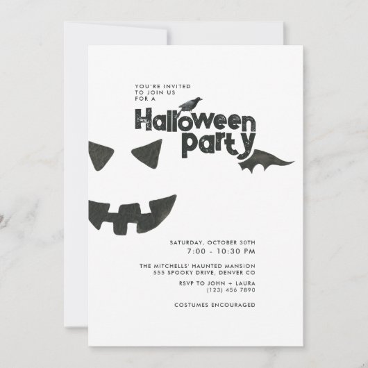 Minimale zwarte & witte halloween party kaart (Voorkant)