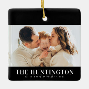 Minimale Zwarte Witte Krachtige Monogram Kerst Fot Keramisch Ornament