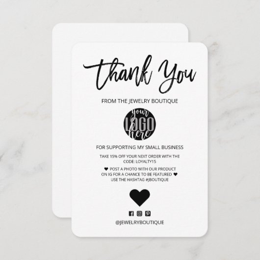 Minimale zwarte witte Logo - Hartelijk dank Bedankkaart (Voorkant / Achterkant)