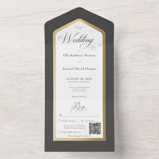 Minimale zwarte & witte, moderne QR-code All In One Uitnodiging (Binnen)