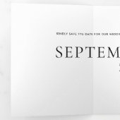 Minimale zwarte witte, oude tekst bruiloft Opslagd Drieluik Uitnodiging (Binnenzijde eerst)