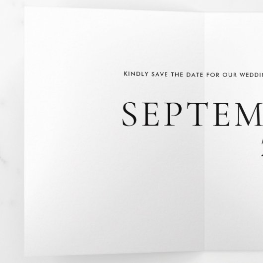 Minimale zwarte witte, oude tekst bruiloft Opslagd Drieluik Uitnodiging (Binnenzijde eerst)