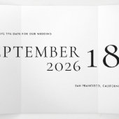 Minimale zwarte witte, oude tekst bruiloft Opslagd Drieluik Uitnodiging (Binnenkant midden)