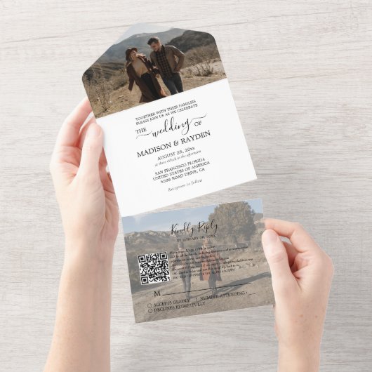 Minimale zwarte witte QR-code RSVP-bruiloft All In One Uitnodiging (Afscheurbaar)