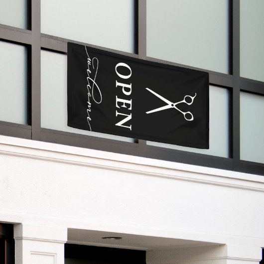 Minimale zwarte witte schaar Welkom open Spandoek (Buitenkant Gebouw)