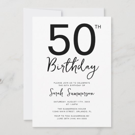 Minimale zwarte witte script 50ste verpartij kaart (Voorkant)