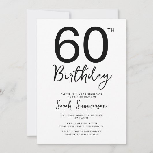 Minimale zwarte witte script 60ste verjaardagsfees kaart (Voorkant)