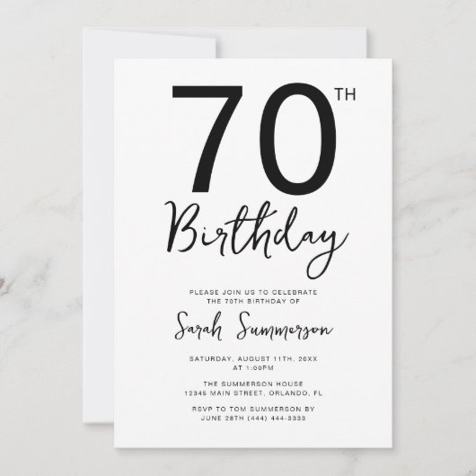 Minimale zwarte witte script 70ste verpartij kaart (Voorkant)