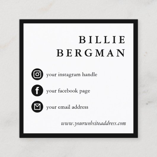 Minimale zwarte witte sociale media Uw Logo Vierkante Visitekaartje (Voorkant)