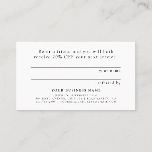 Minimale zwarte & witte typografie aanbevelingskaartje (Achterkant)