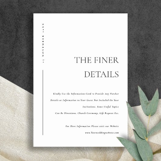 MINIMALE ZWARTE WITTE TYPOGRAFIE TROUW DETAILS INFORMATIEKAARTJE