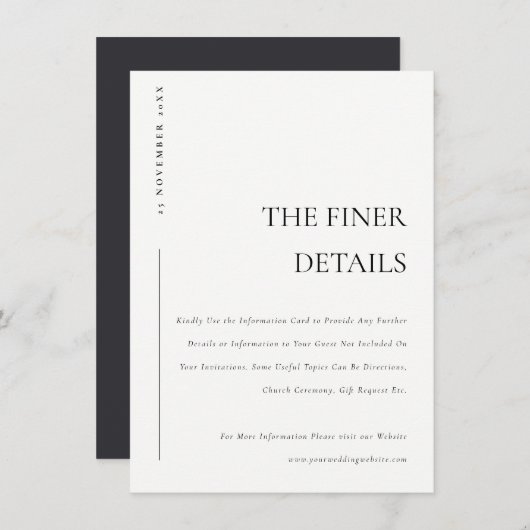 Minimale zwarte witte Typografie Weddenschap Detai Informatiekaartje (Voorkant / Achterkant)