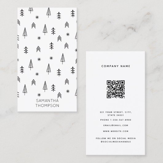 Minimale zwarte witte winterbos QR-code Visitekaartje (Voorkant / Achterkant)