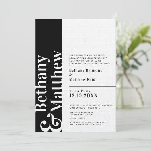 Minimale zwarte zwarte witte tekst bruiloft kaart (Staand voorkant)