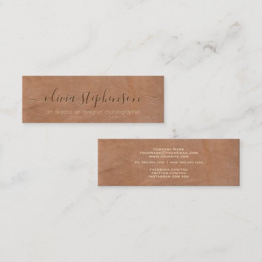 Minimalisator zacht middelbruin kunstleder mini visitekaartje (Voorkant / Achterkant)