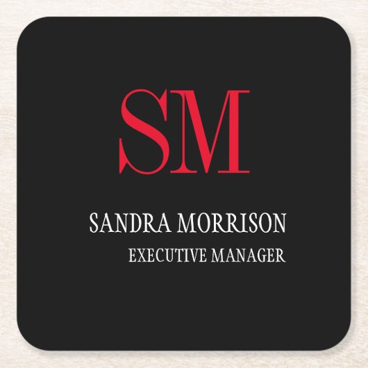 Minimalisator zwart-wit rood monogram kartonnen onderzetters (Voorkant)