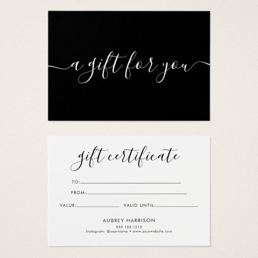 Minimaliserend zwart Script-cadeaucertificaat Visitekaartje (Voorkant /achterkant)